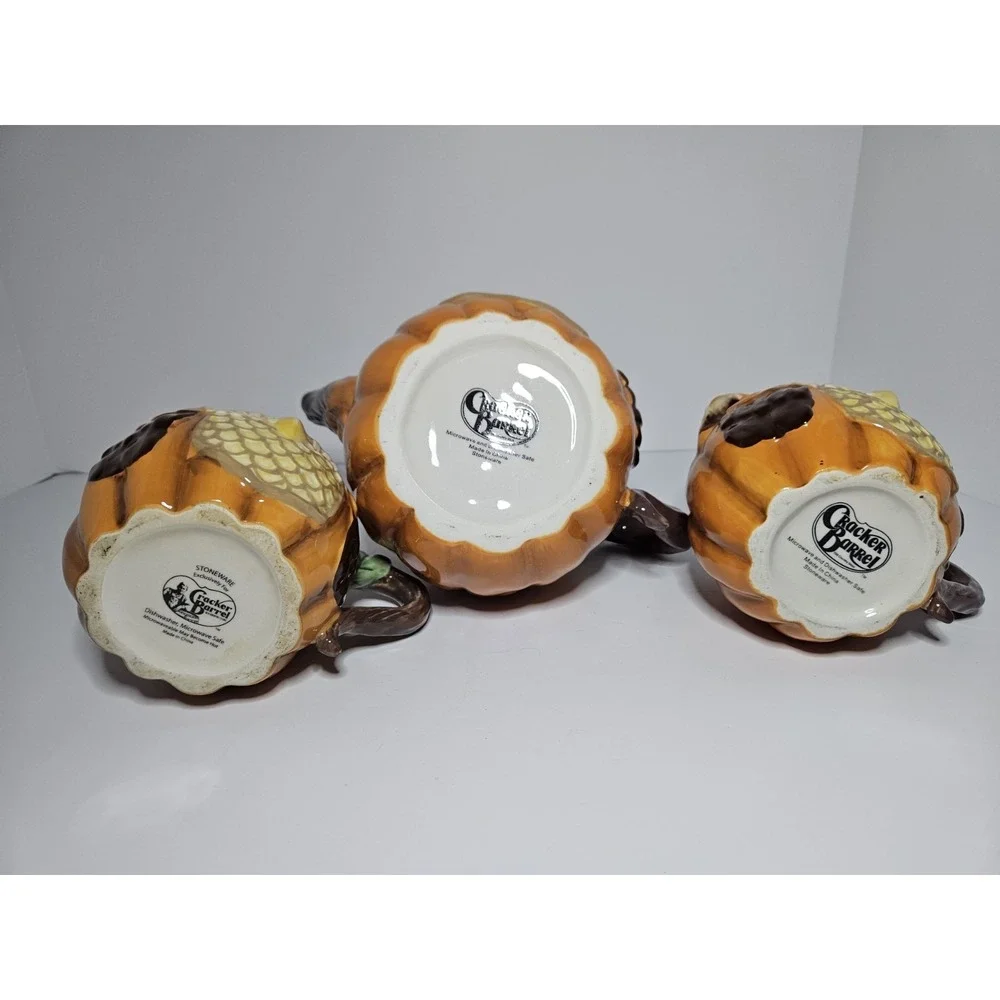 Cracker Barrel Stoneware Witch Pumpkin Owl Tea Pot Mug Cup 3 piece Halloween